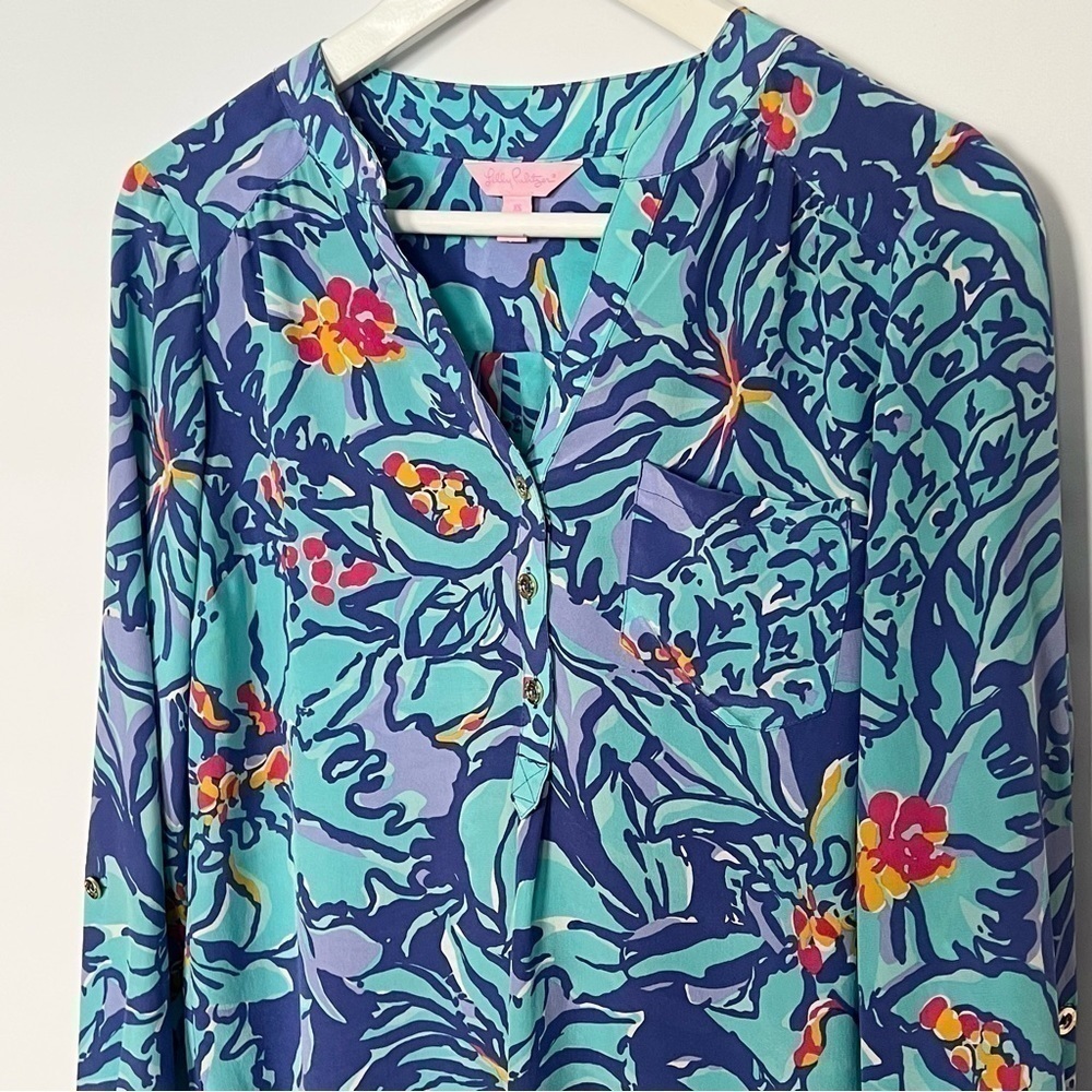 Lilly Pulitzer Del Ray Silk Tunic Blouse XS Blue Tropical Print